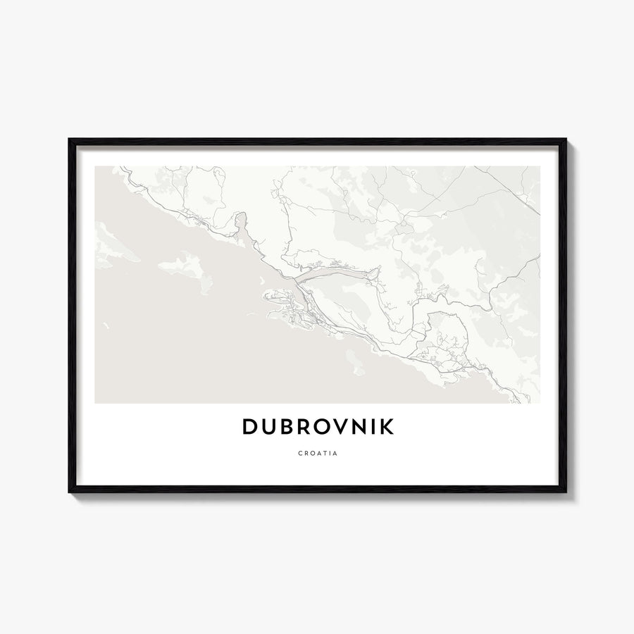 Dubrovnik black & white map poster of Croatia – horizontal wall art, unframed print shown in interior mockup