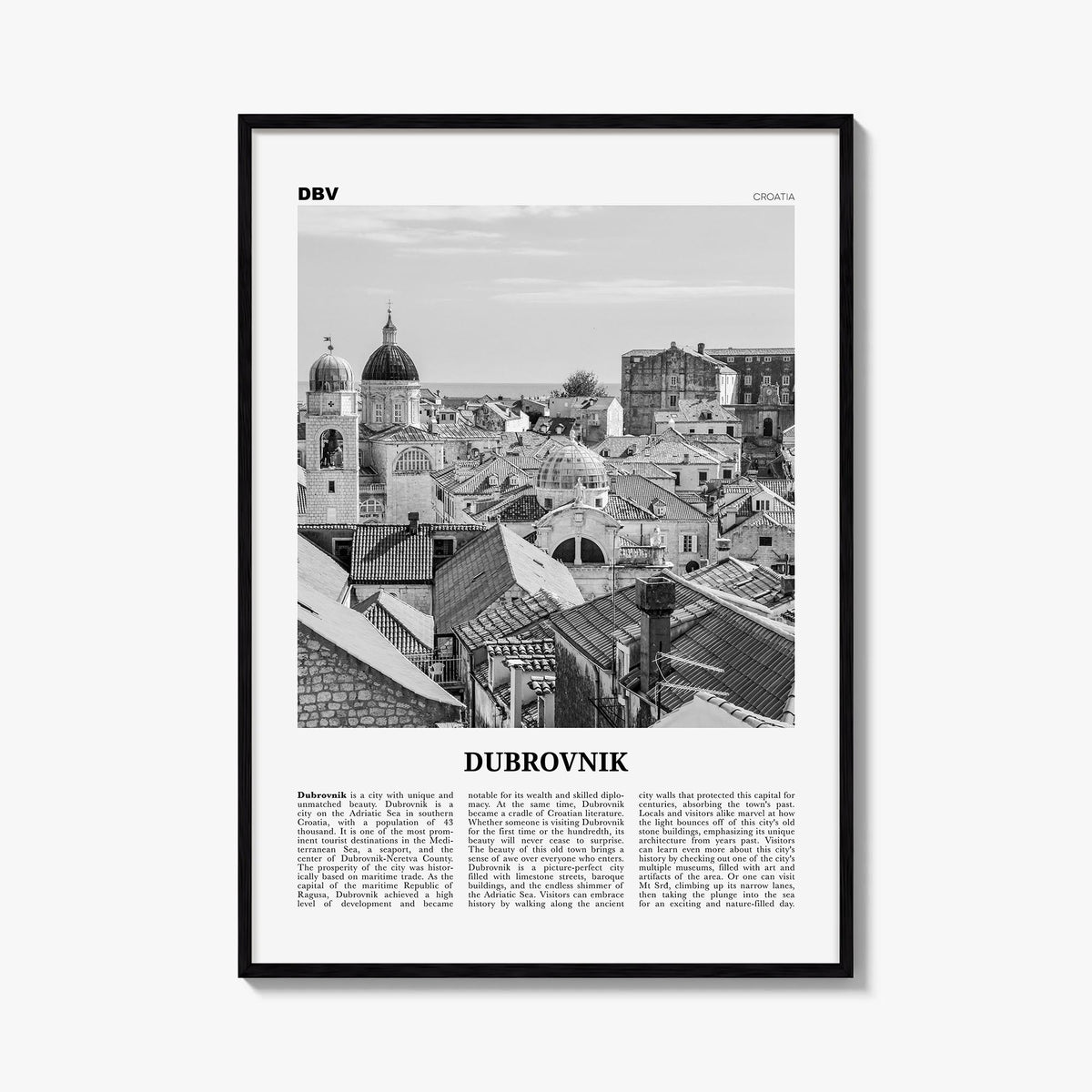 Dubrovnik black & white newspaper poster of Croatia – vertical wall art, unframed print shown in interior mockup