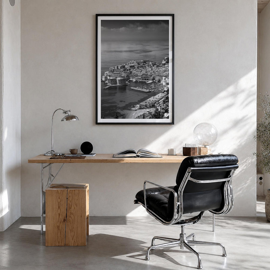 Dubrovnik black & white photo poster of Croatia – vertical wall art in black wood frame with white border, hanging on wall