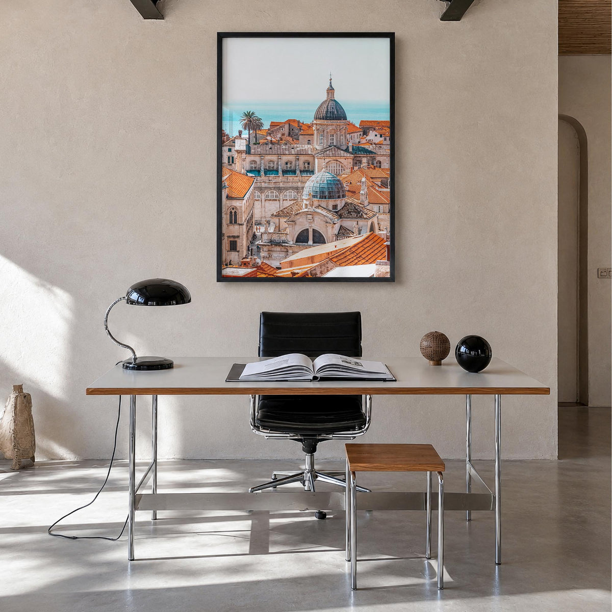 Dubrovnik colorful photo poster of Croatia – vertical wall art in black wood frame, hanging on wall