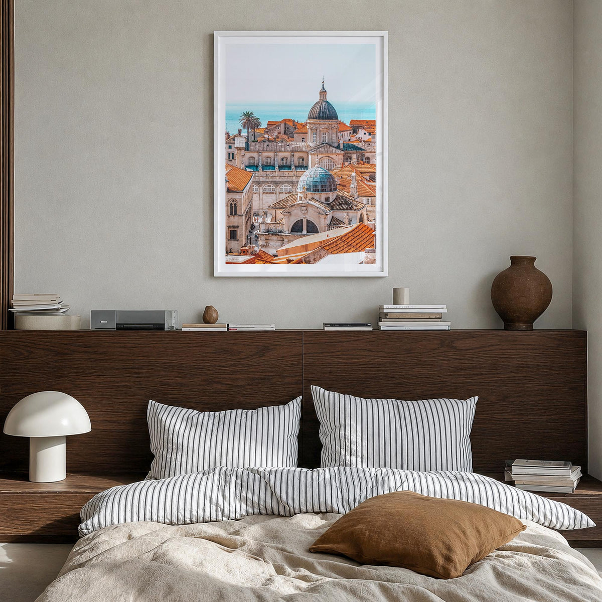 Dubrovnik colorful photo poster of Croatia – vertical wall art in white wood frame with white border, hanging on wall
