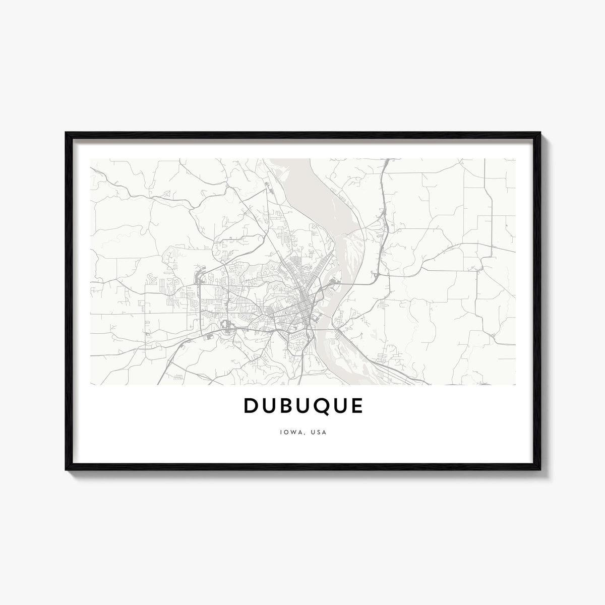 Dubuque black & white map poster of Iowa, USA – horizontal wall art, unframed print shown in interior mockup
