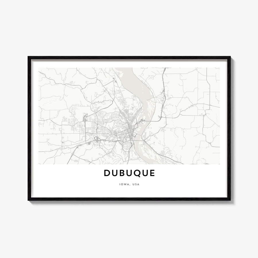 Dubuque black & white map poster of Iowa, USA – horizontal wall art, unframed print shown in interior mockup