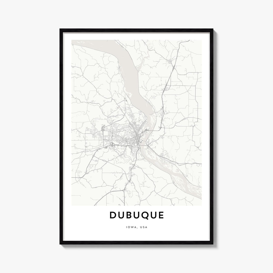 Dubuque black & white map poster of Iowa, USA – vertical wall art, unframed print shown in interior mockup