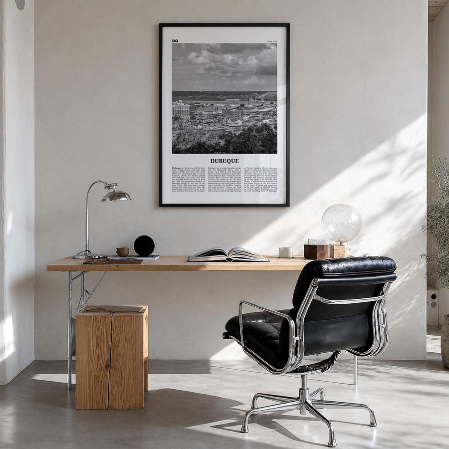 Dubuque black & white newspaper poster of Iowa, USA – vertical wall art in black wood frame, hanging on wall