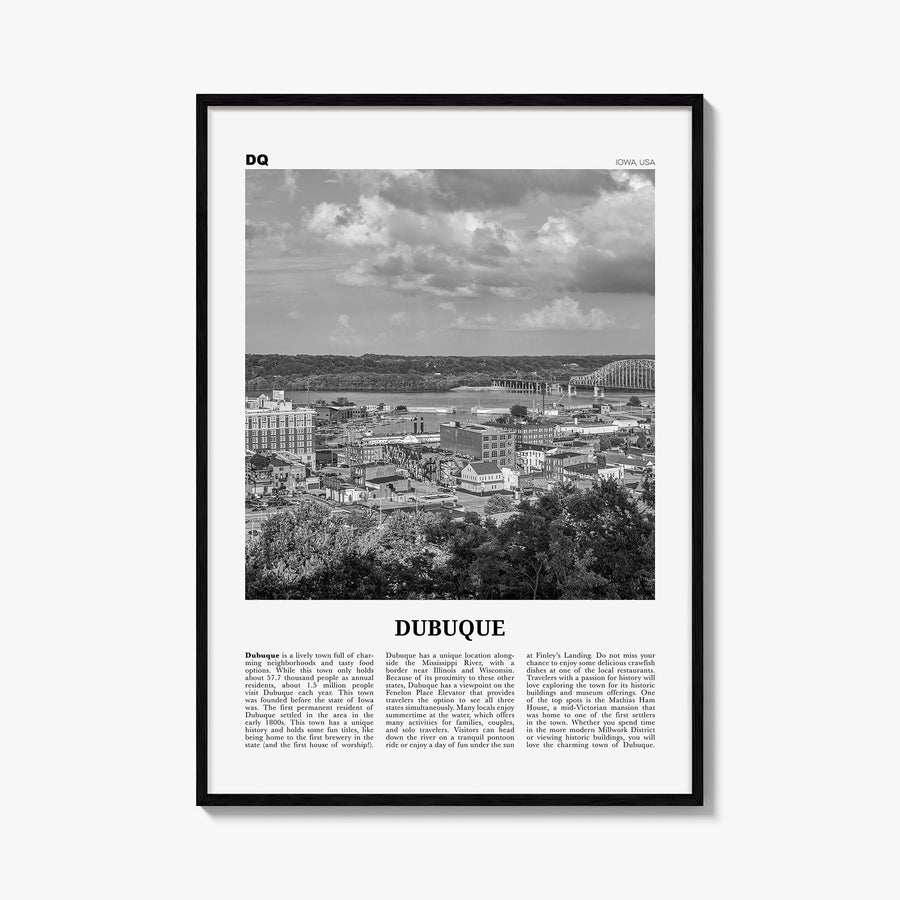 Dubuque black & white newspaper poster of Iowa, USA – vertical wall art, unframed print shown in interior mockup