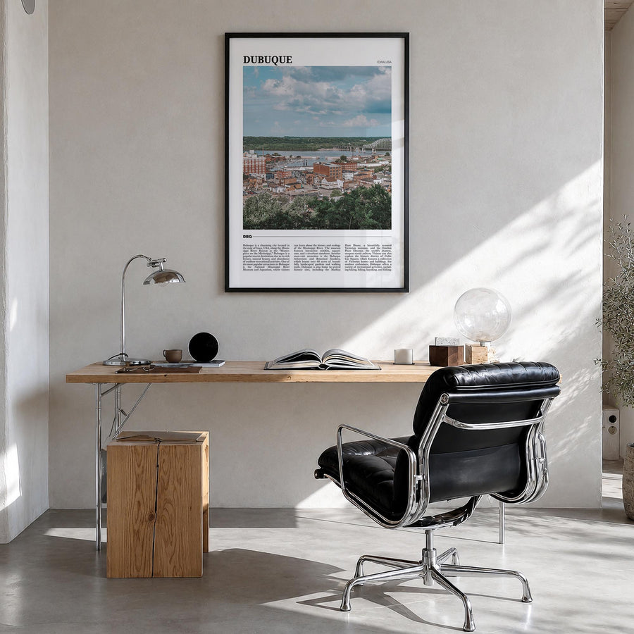 Dubuque colorful travel poster of Iowa, USA – vertical wall art in black wood frame, hanging on wall