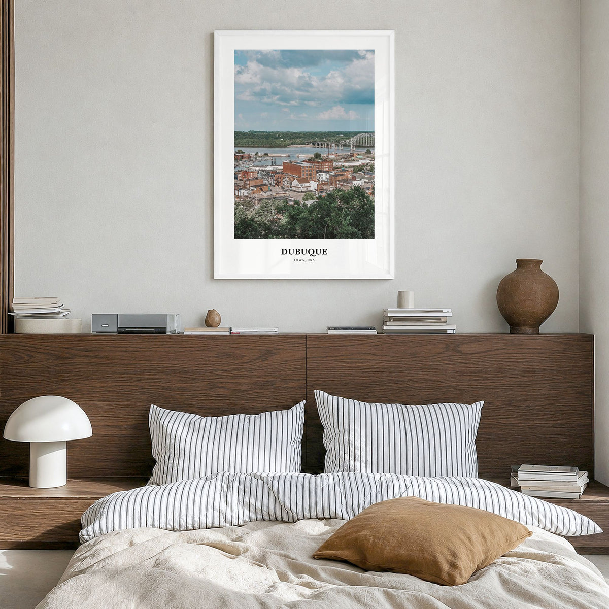 Dubuque Classic Poster in a white wood frame, hanging in a bedroom