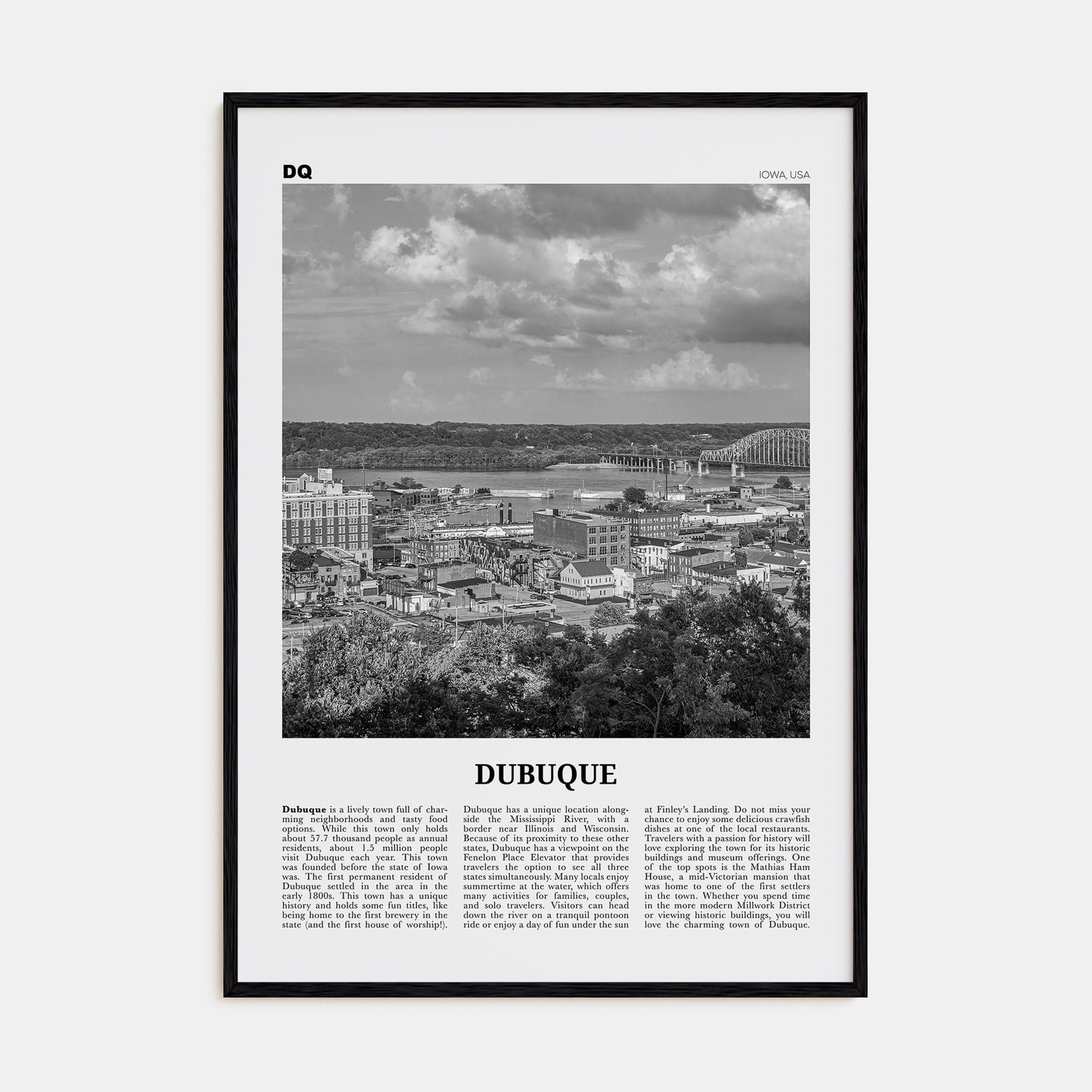 Dubuque Poster Black Wood / 8x12 in Nbourhood Travel B&W Poster