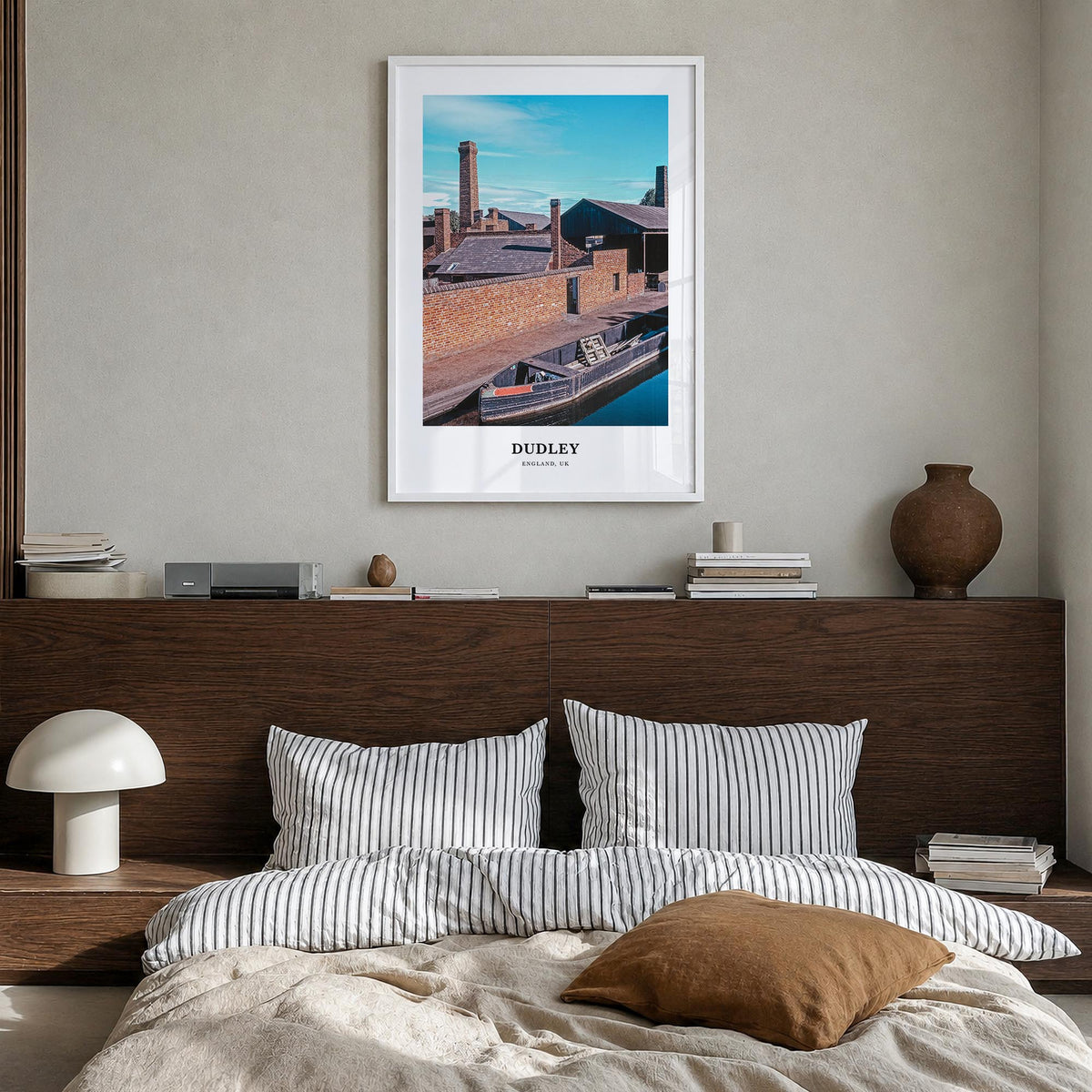 Dudley colorful classic poster of United Kingdom – vertical wall art in white wood frame, hanging on wall