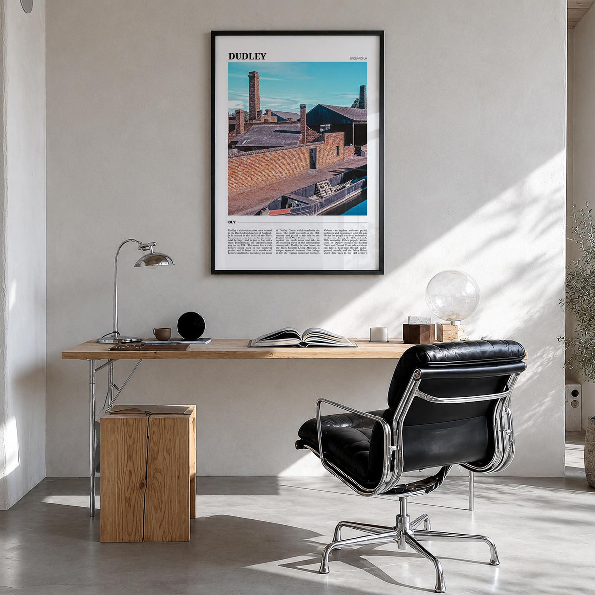 Dudley colorful travel poster of United Kingdom – vertical wall art in black wood frame, hanging on wall