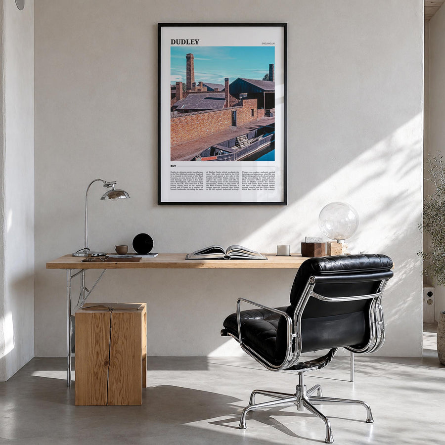 Dudley colorful travel poster of United Kingdom – vertical wall art in black wood frame, hanging on wall