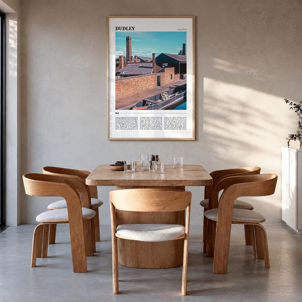 Dudley colorful travel poster of United Kingdom – vertical wall art in natural wood frame, hanging on wall