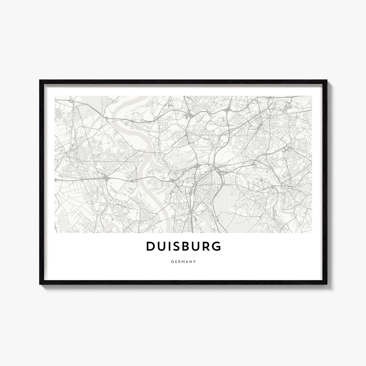 Duisburg black & white map poster of Germany – horizontal wall art, unframed print shown in interior mockup