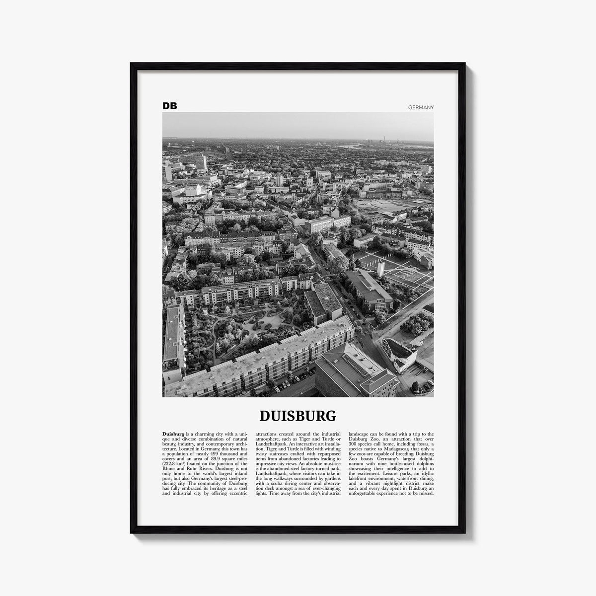 Duisburg black & white newspaper poster of Germany – vertical wall art, unframed print shown in interior mockup