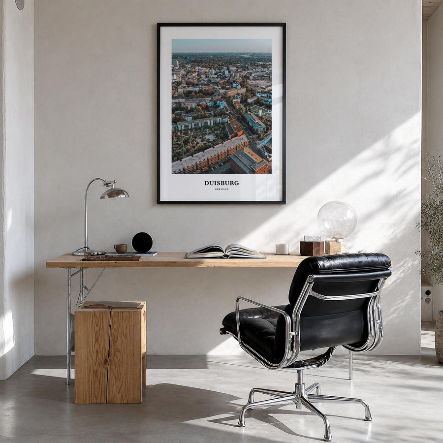 Duisburg colorful classic poster of Germany – vertical wall art in black wood frame, hanging on wall