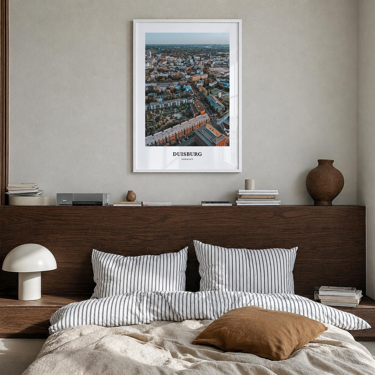Duisburg colorful classic poster of Germany – vertical wall art in white wood frame, hanging on wall