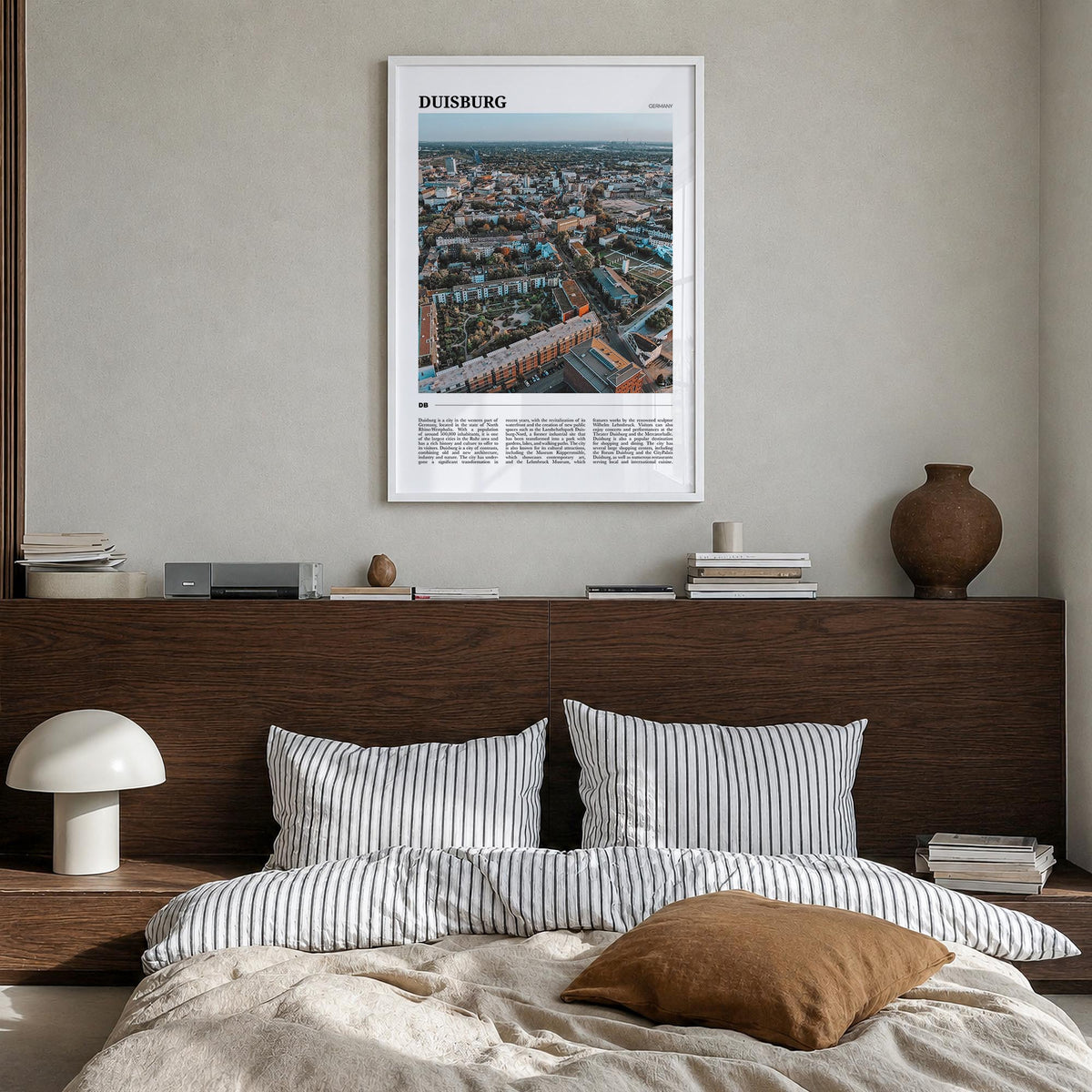 Duisburg colorful travel poster of Germany – vertical wall art in white wood frame, hanging on wall