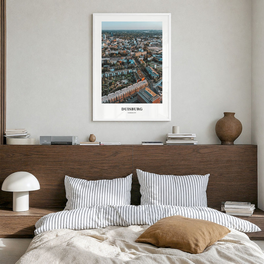 Duisburg Classic Poster in a white wood frame, hanging in a bedroom