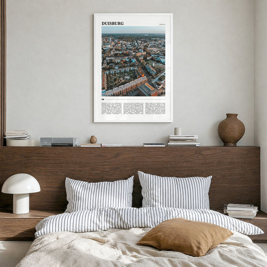 Duisburg Travel Poster in a white wood frame, hanging in a bedroom