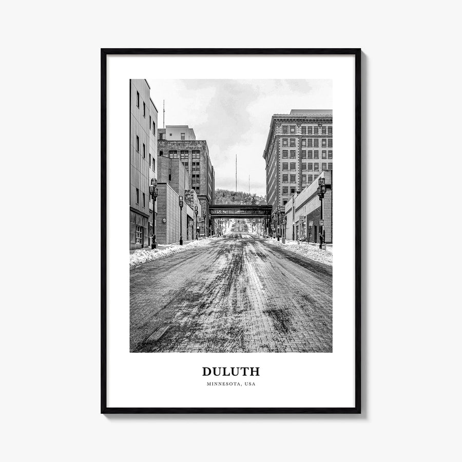 Duluth black & white classic poster of Minnesota, USA – vertical wall art, unframed print shown in interior mockup