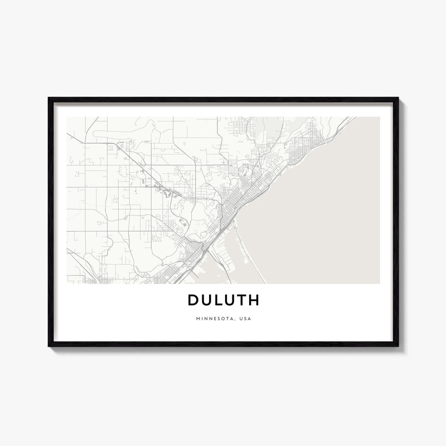 Duluth black & white map poster of Minnesota, USA – horizontal wall art, unframed print shown in interior mockup