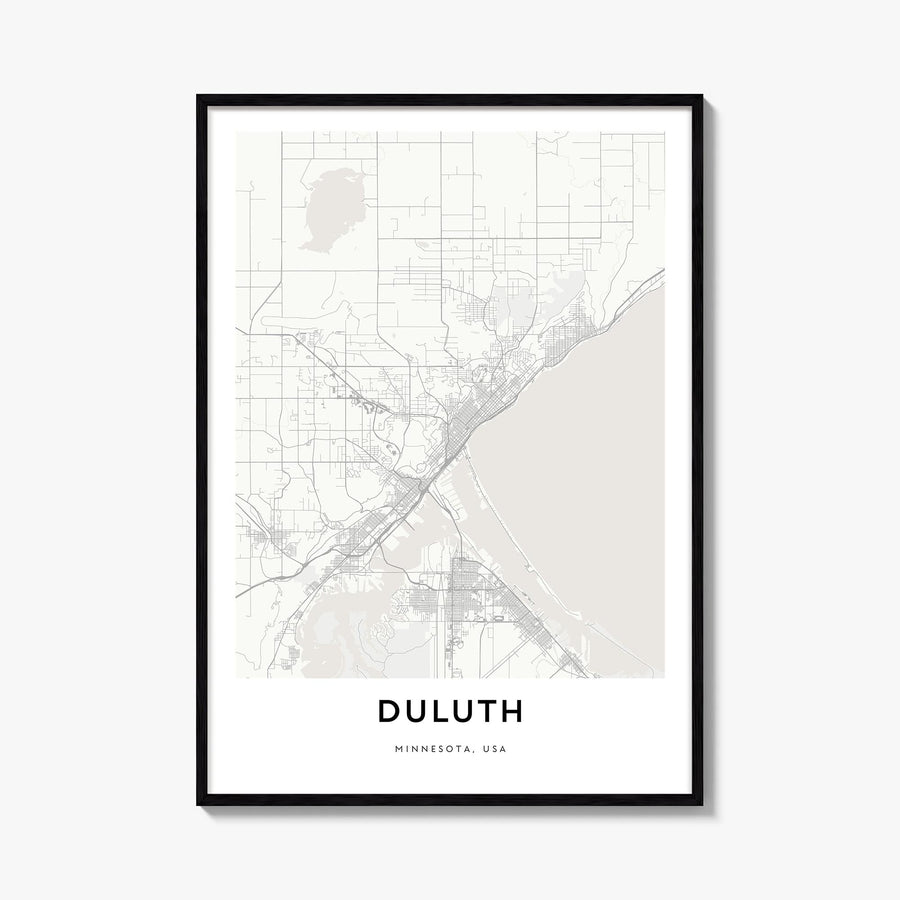 Duluth black & white map poster of Minnesota, USA – vertical wall art, unframed print shown in interior mockup