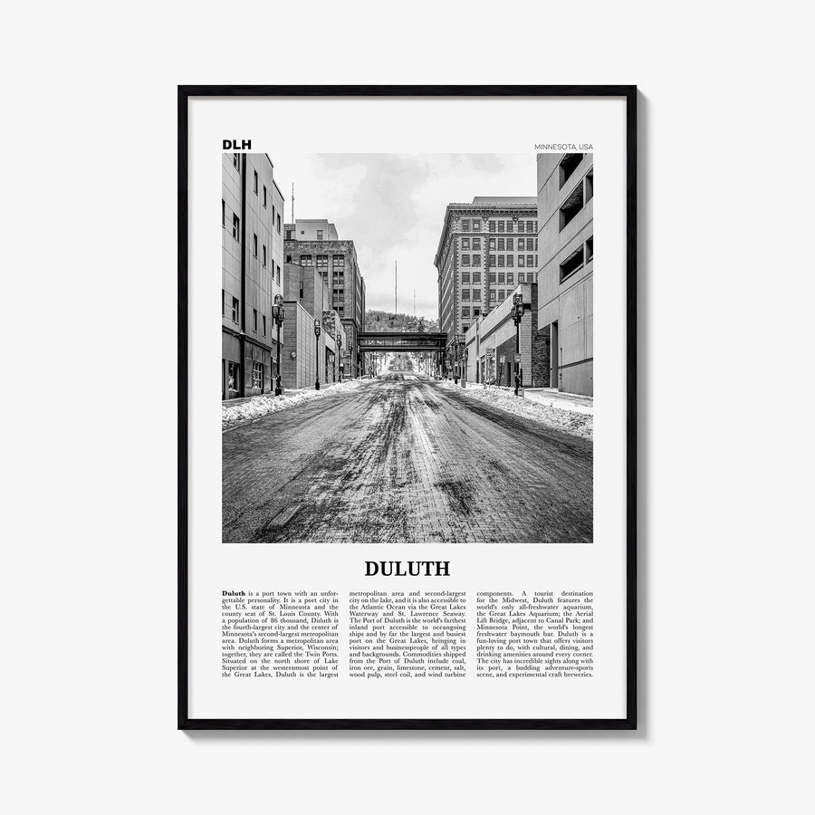 Duluth black & white newspaper poster of Minnesota, USA – vertical wall art, unframed print shown in interior mockup