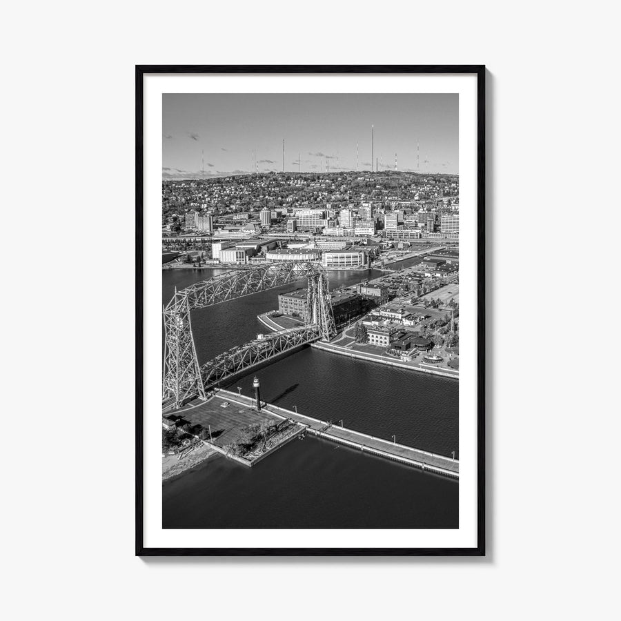 Duluth black & white photo poster of Minnesota, USA – vertical wall art, unframed print shown in interior mockup