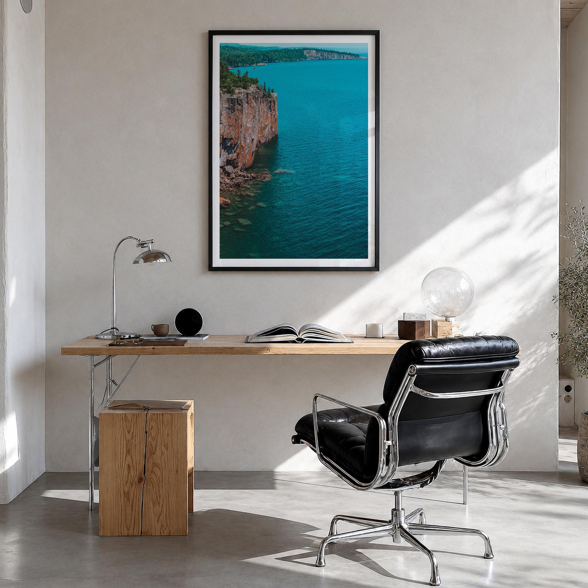 Duluth colorful photo poster of Minnesota, USA – vertical wall art in black wood frame with white border, hanging on wall