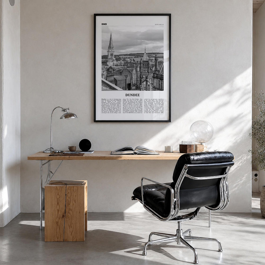Dundee black & white newspaper poster of United Kingdom – vertical wall art in black wood frame, hanging on wall