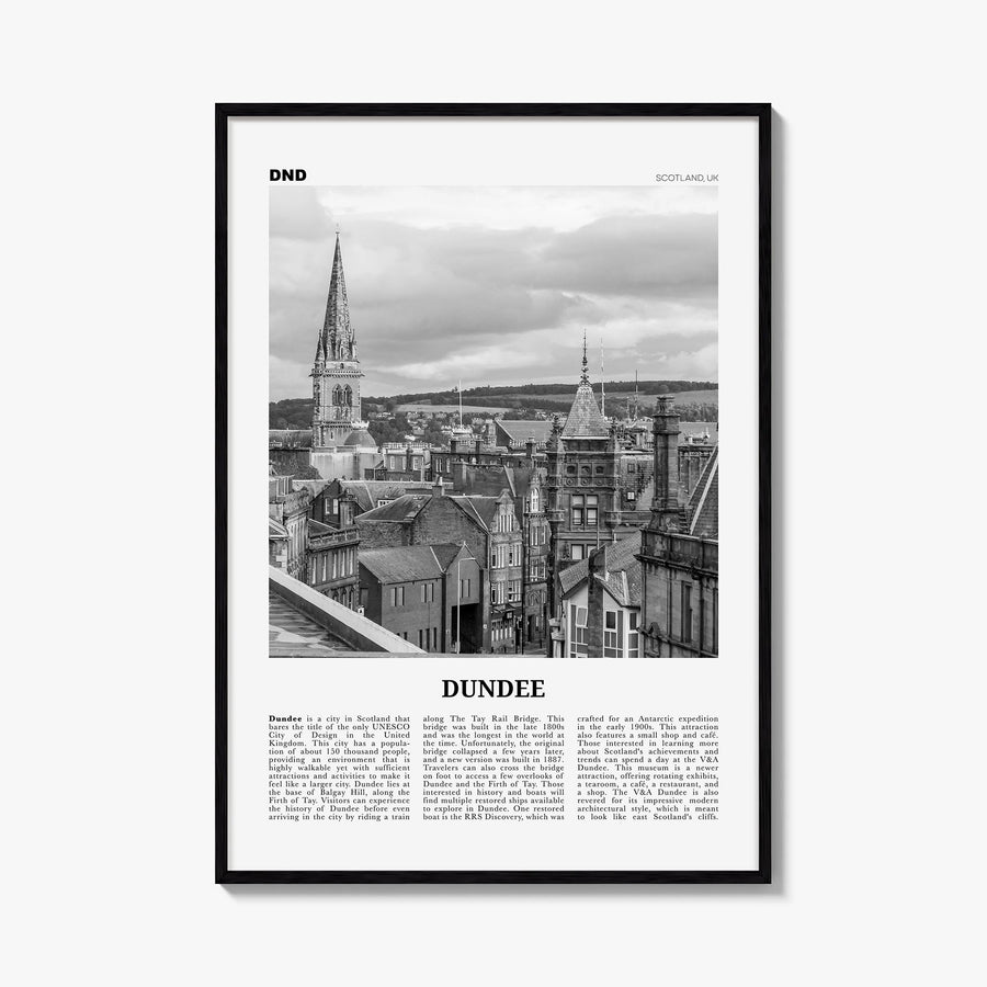 Dundee black & white newspaper poster of United Kingdom – vertical wall art, unframed print shown in interior mockup