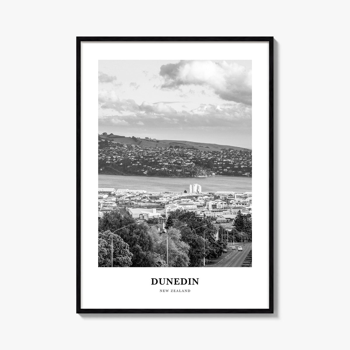 Dunedin black & white classic poster of New Zealand – vertical wall art, unframed print shown in interior mockup