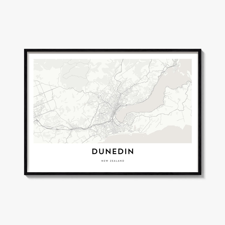 Dunedin black & white map poster of New Zealand – horizontal wall art, unframed print shown in interior mockup