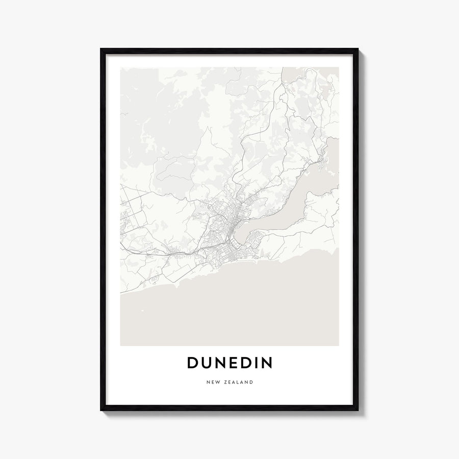 Dunedin black & white map poster of New Zealand – vertical wall art, unframed print shown in interior mockup