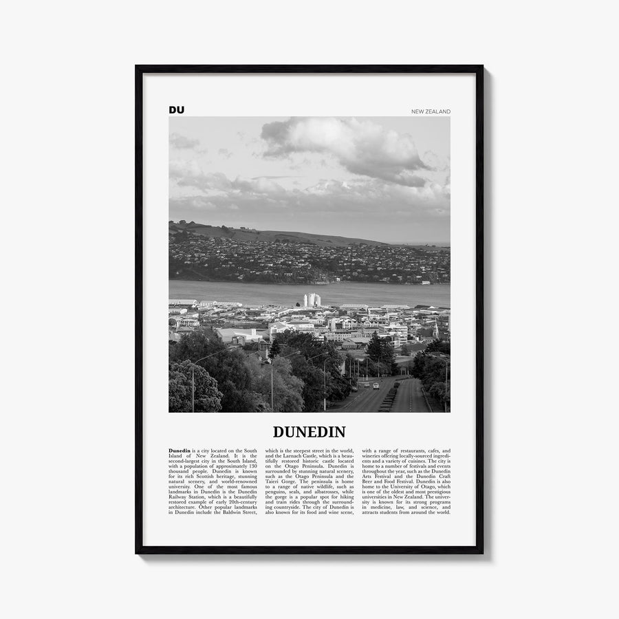 Dunedin black & white newspaper poster of New Zealand – vertical wall art, unframed print shown in interior mockup