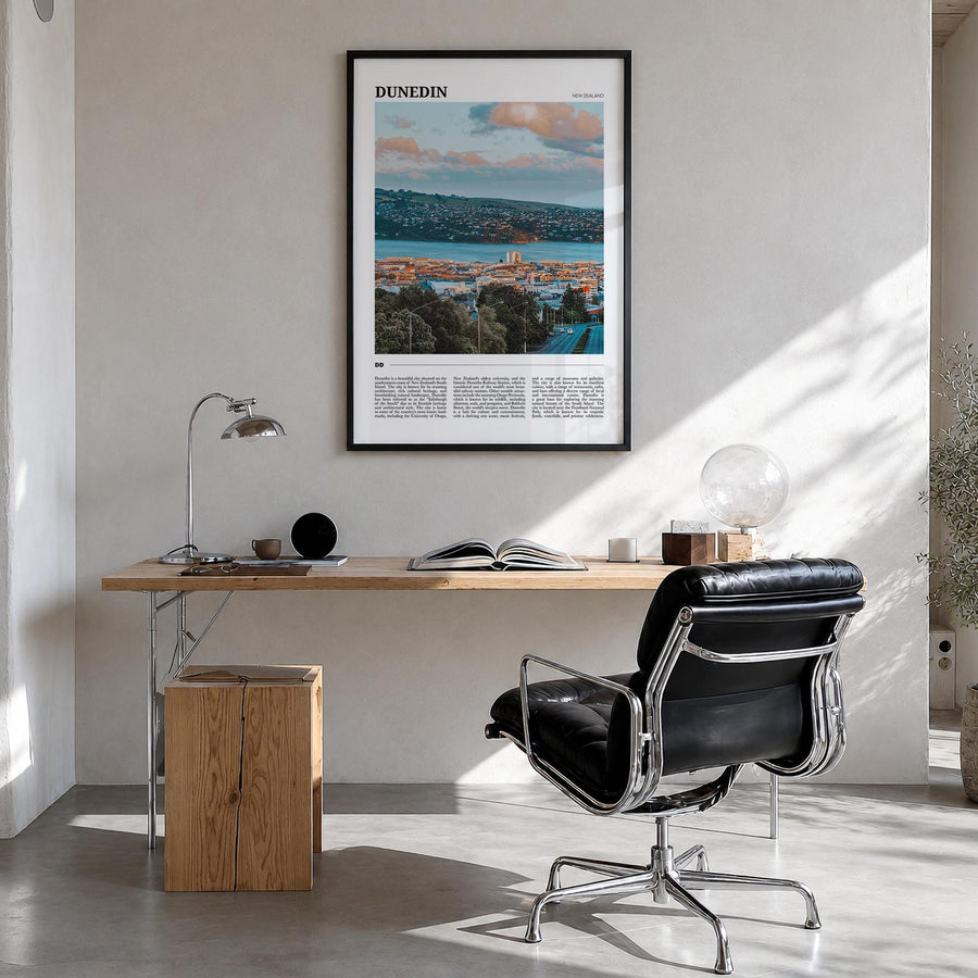 Dunedin no. 1 colorful travel poster of New Zealand – vertical wall art in black wood frame, hanging on wall