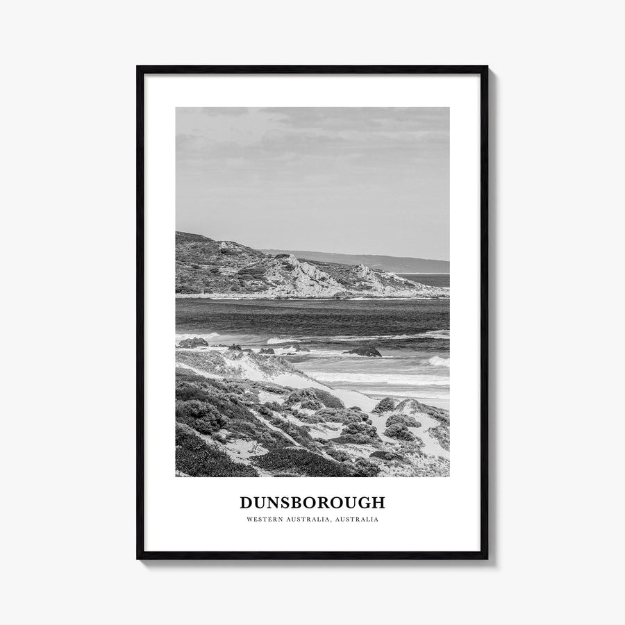 Dunsborough black & white classic poster of Australia – vertical wall art, unframed print shown in interior mockup