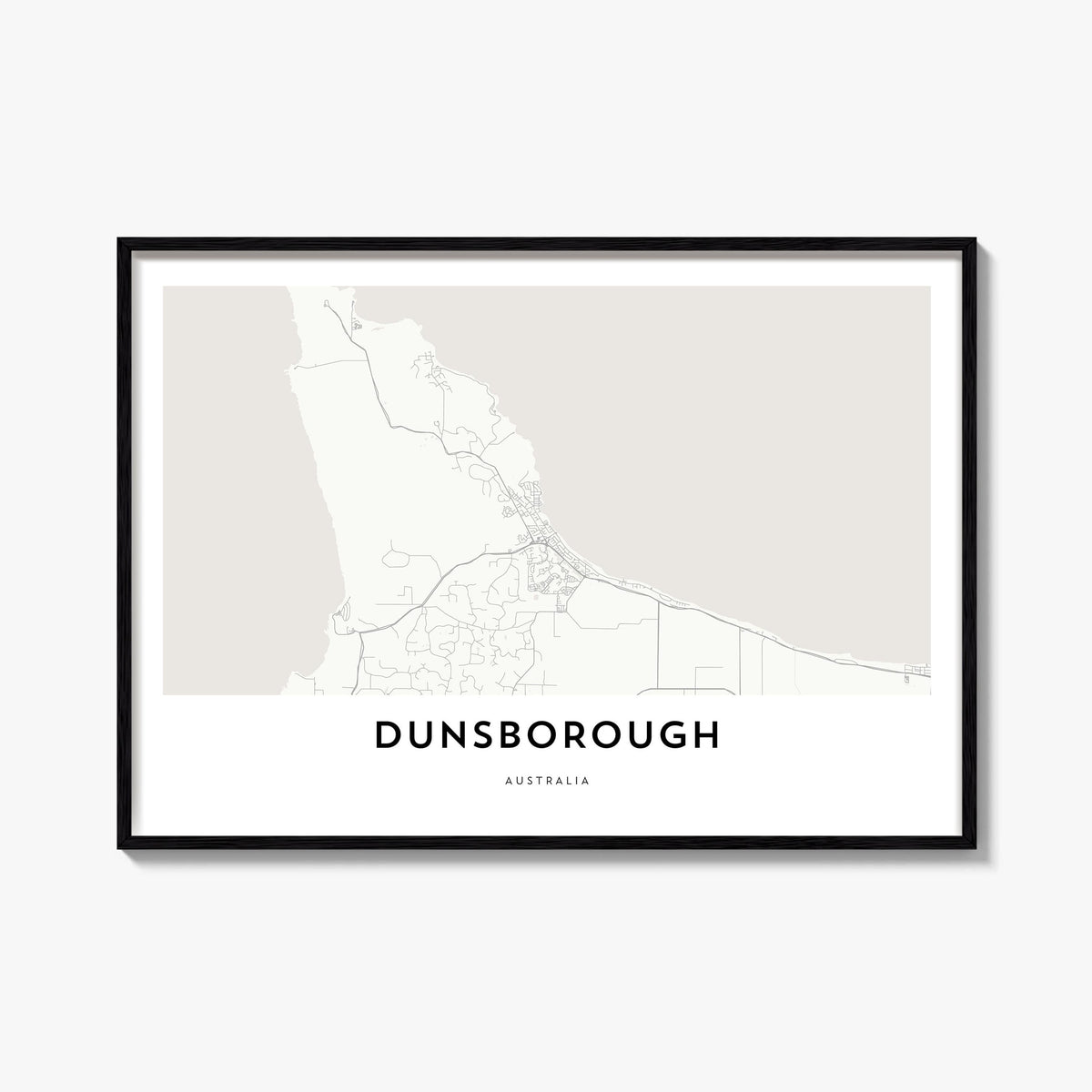 Dunsborough black & white map poster of Australia – horizontal wall art, unframed print shown in interior mockup
