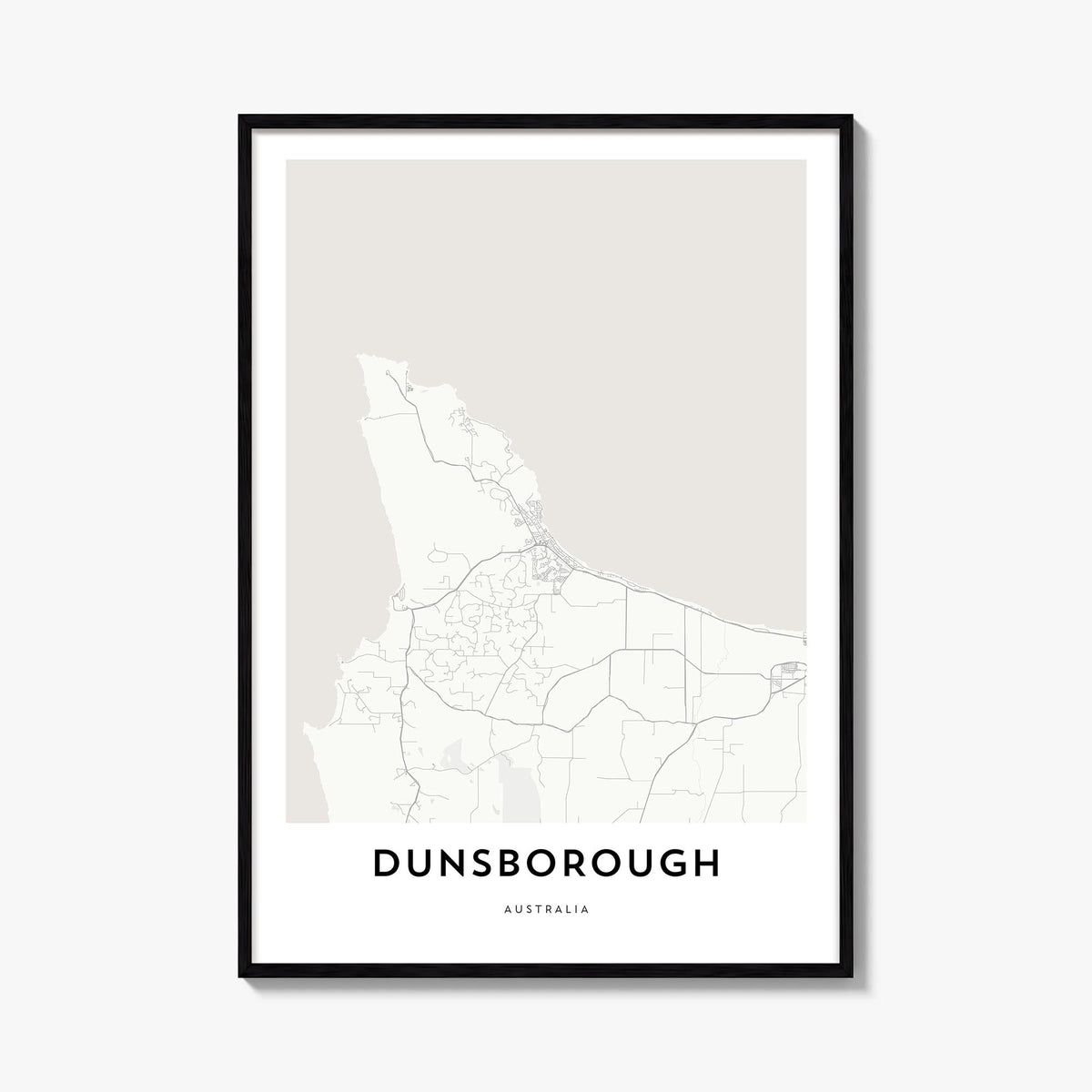 Dunsborough black & white map poster of Australia – vertical wall art, unframed print shown in interior mockup