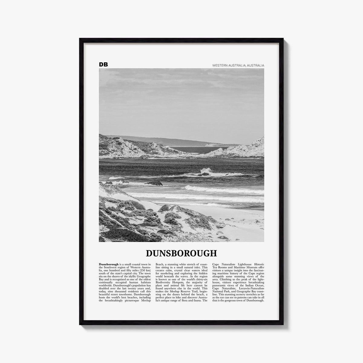 Dunsborough black & white newspaper poster of Australia – vertical wall art, unframed print shown in interior mockup