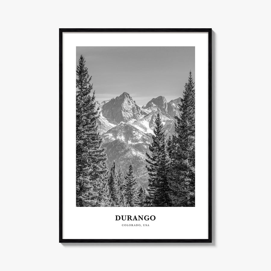 Durango, Colorado black & white classic poster of Colorado, USA – vertical wall art, unframed print shown in interior mockup