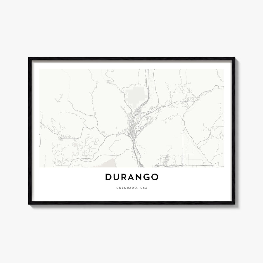 Durango, Colorado black & white map poster of Colorado, USA – horizontal wall art, unframed print shown in interior mockup