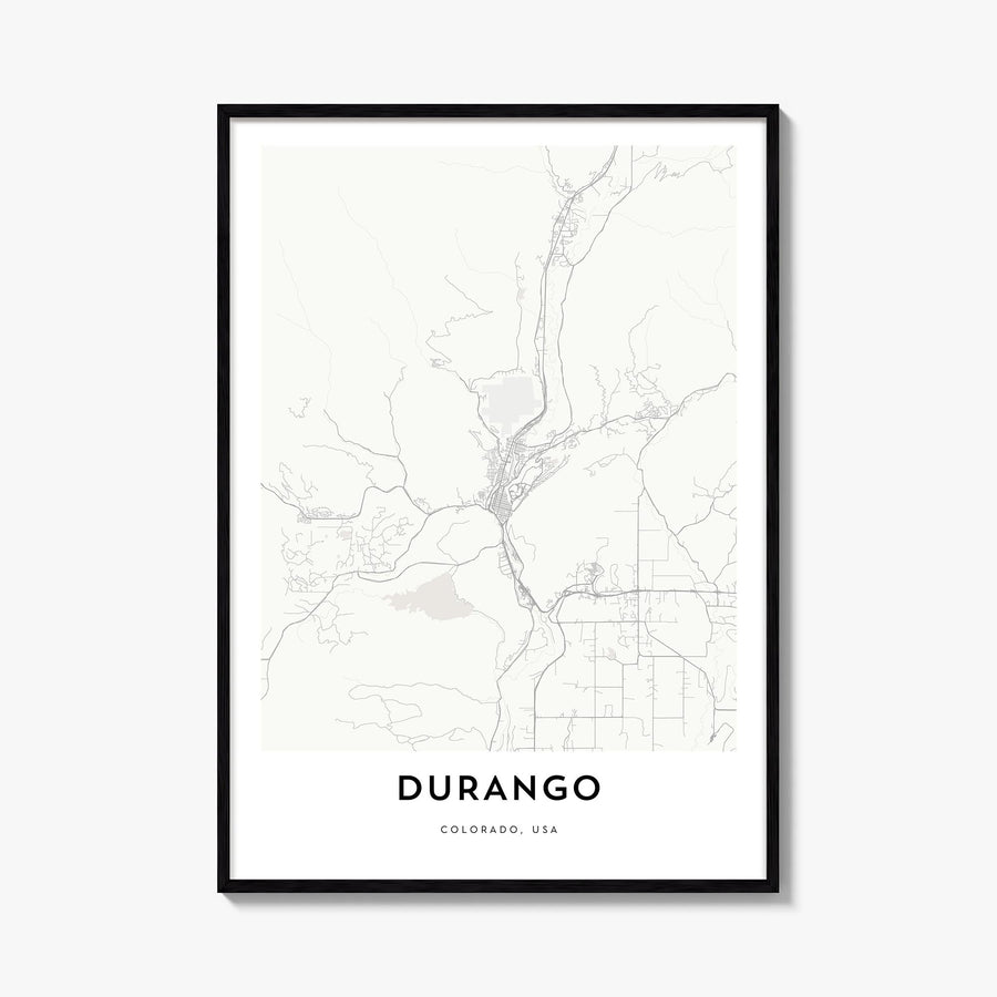 Durango, Colorado black & white map poster of Colorado, USA – vertical wall art, unframed print shown in interior mockup