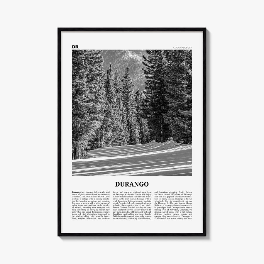 Durango, Colorado black & white newspaper poster of Colorado, USA – vertical wall art, unframed print shown in interior mocku