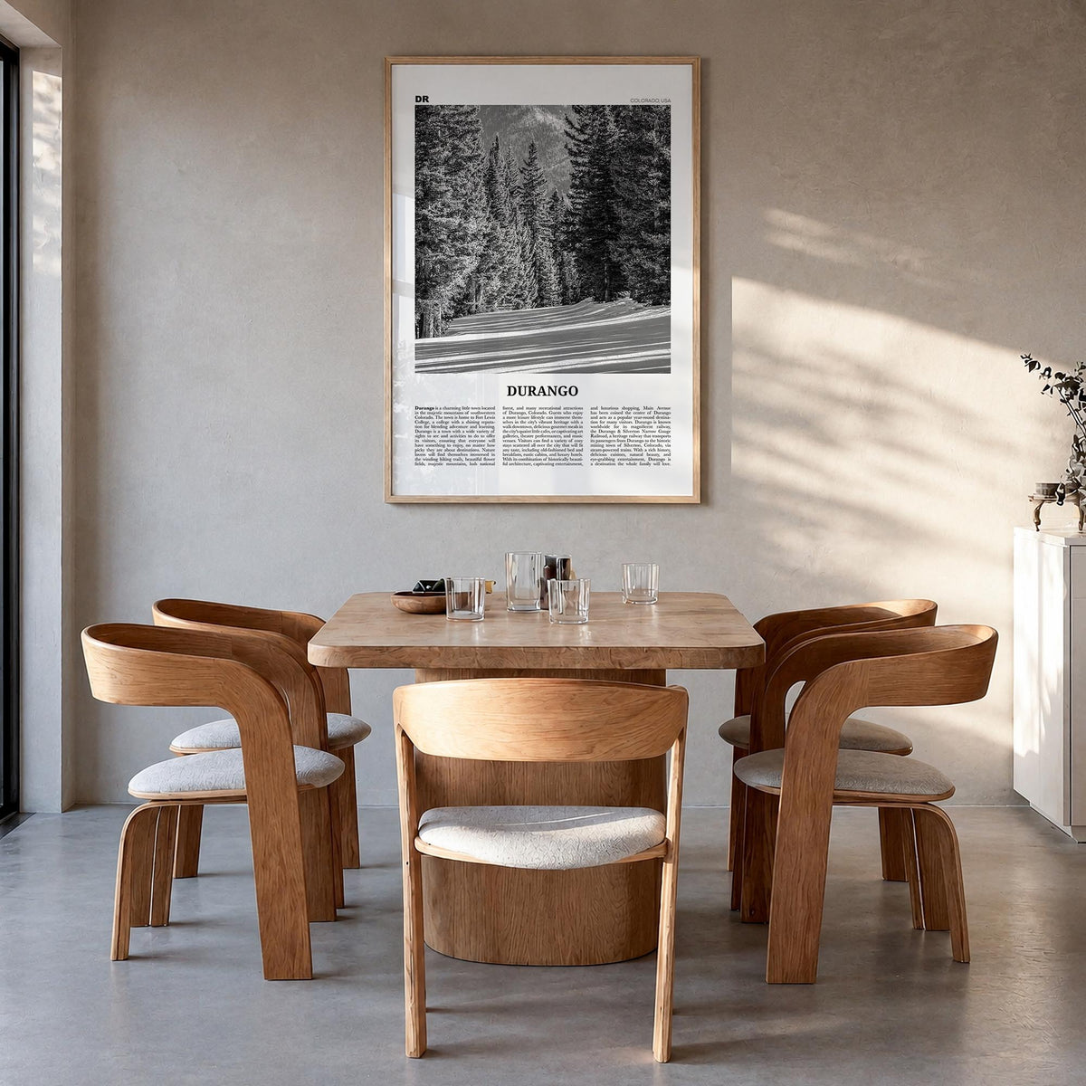 Durango, Colorado black & white newspaper poster of Colorado, USA – vertical wall art in natural wood frame, hanging on wall