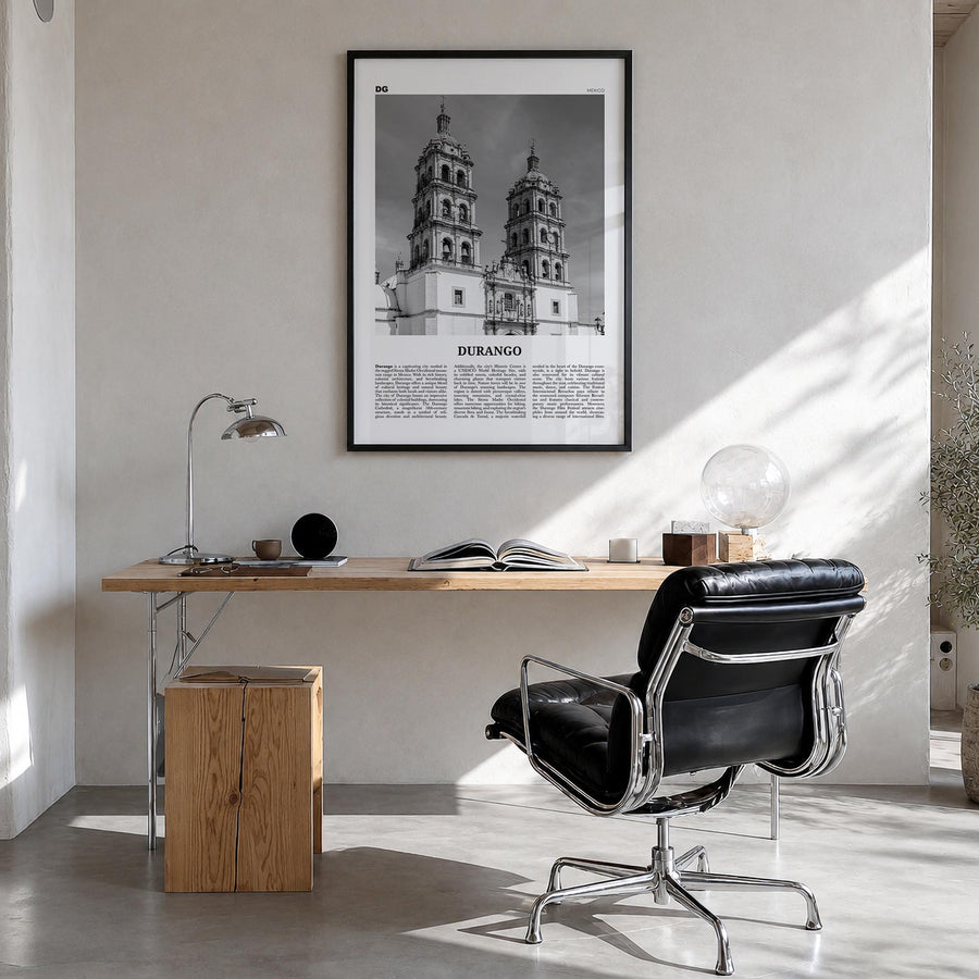 Durango, Mexico black & white newspaper poster of Mexico – vertical wall art in black wood frame, hanging on wall