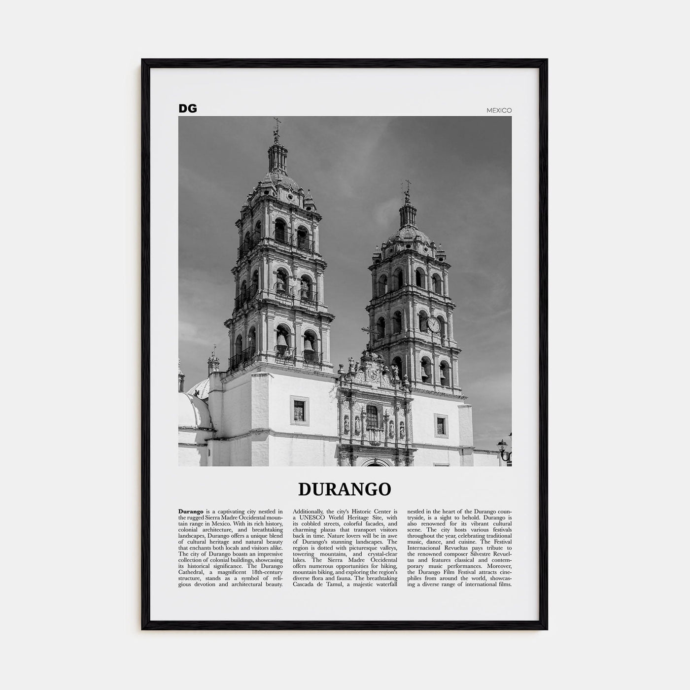 Durango, Mexico Poster Black Wood / 8x12 in Nbourhood Travel B&W Poster