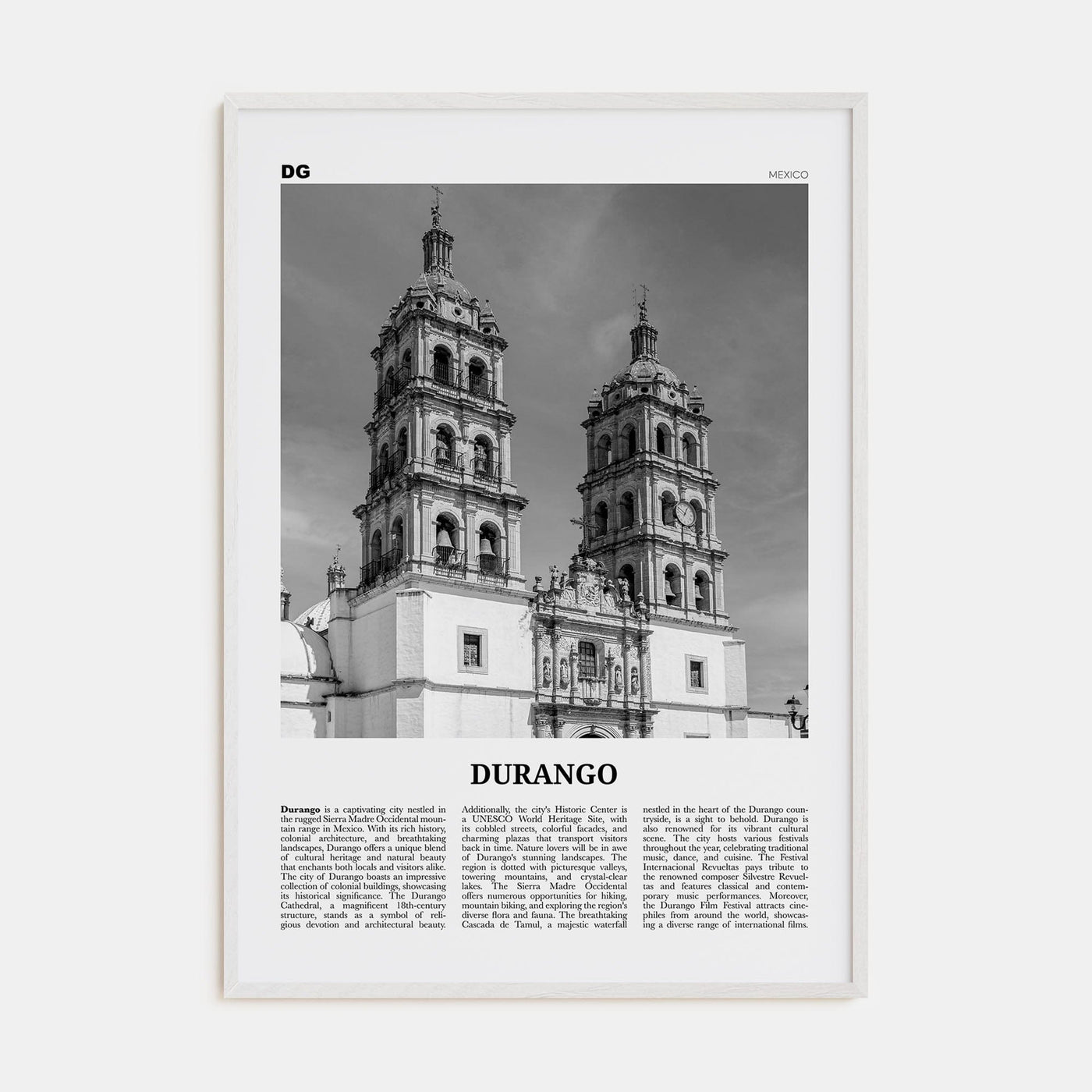 Durango, Mexico Poster White Wood / 8x12 in Nbourhood Travel B&W Poster