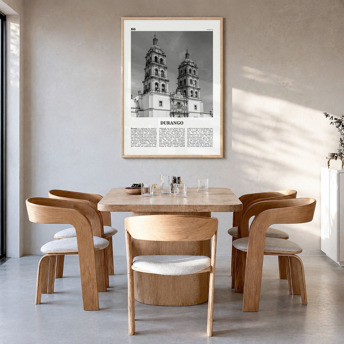 Durango, Mexico Newspaper Poster in a natural wood frame, hanging in a dining room